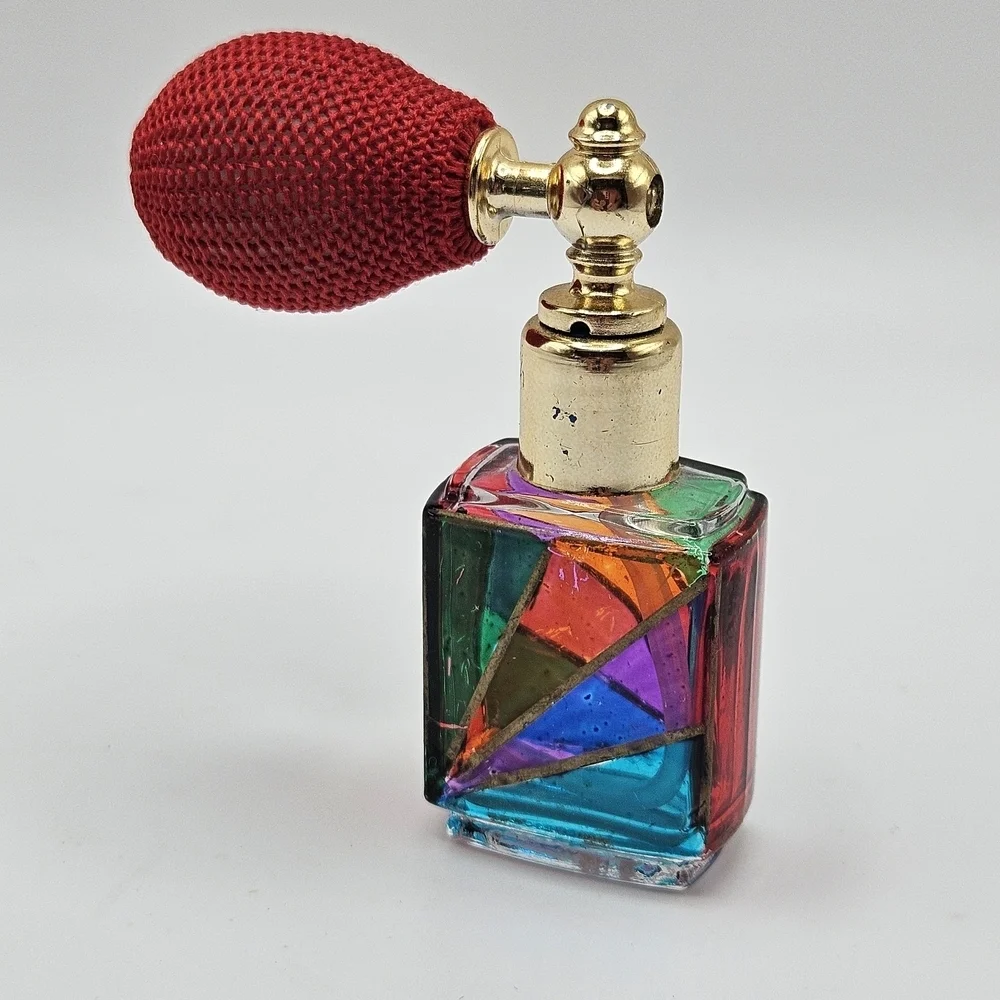 VINTAGE Handmade Venetian Glass Rainbow Candy Striped Mini Puff Atomizer Italy